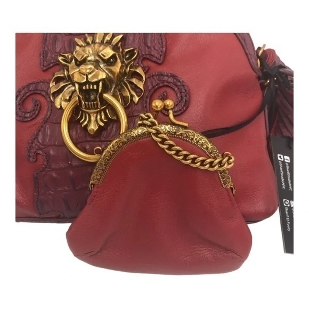 Sharif Crocc Embossed Red Leather Lion Knocker Bag w Coin Purse NWT - Picture 3 of 13